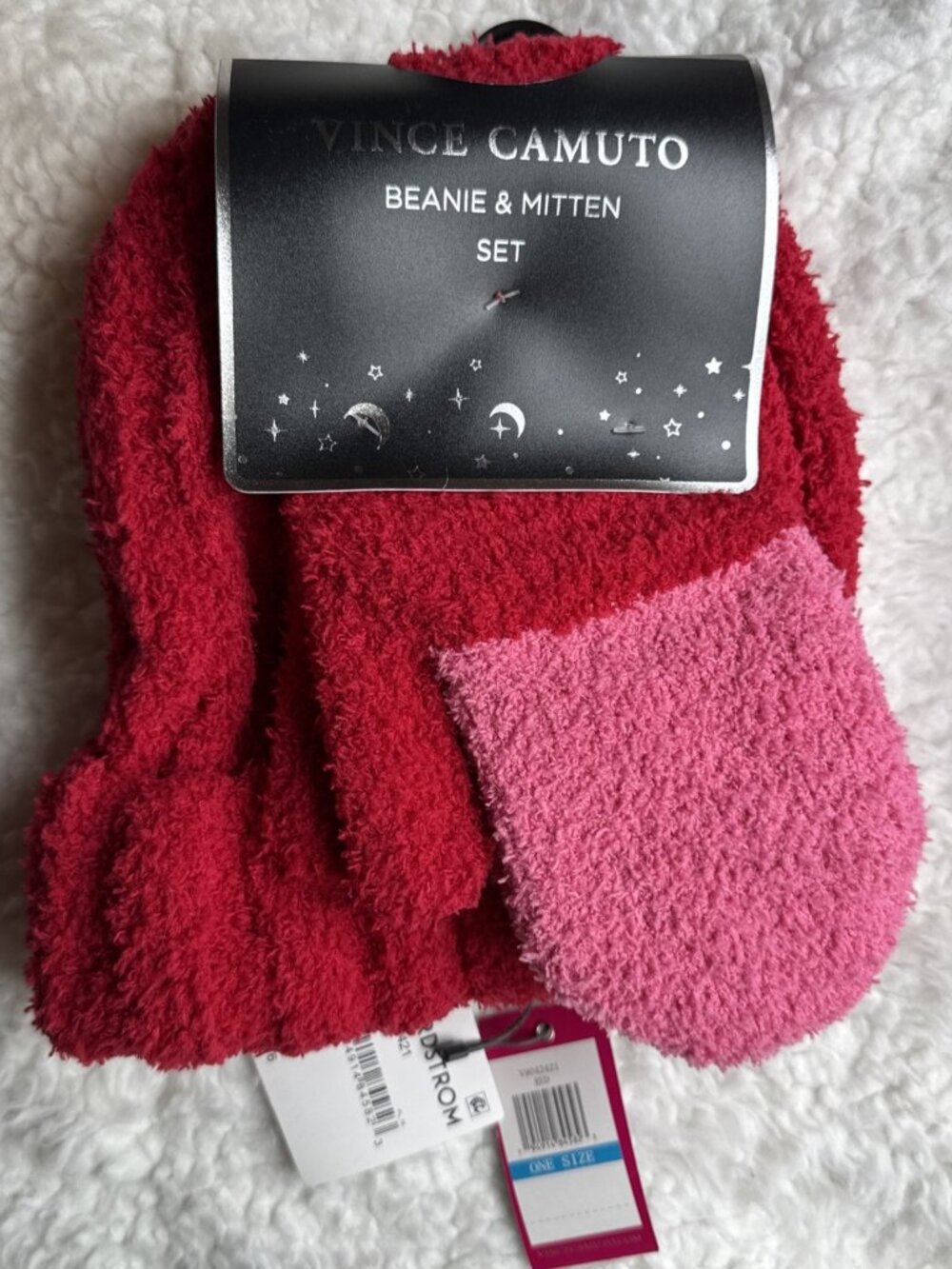 Vince Camuto Plush Beanie Hat & Mitten Glove Gift Set Pink Red Nordstrom NEW